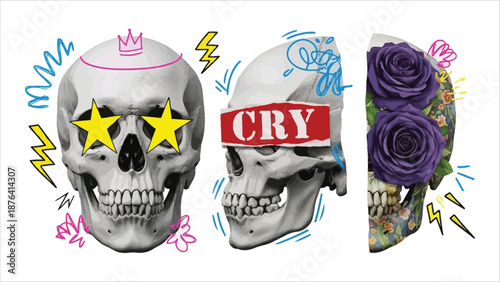 Grunge Halftone Skull Set – Doodle & Pop Art Skeletons in Y2K Punk Collage Style..