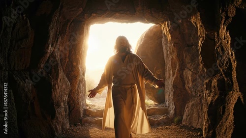 Jesus Christ walks out of the empty tomb into the bright morning light. A cinematic depiction of the resurrection on Easter Sunday. Hope and faith concept