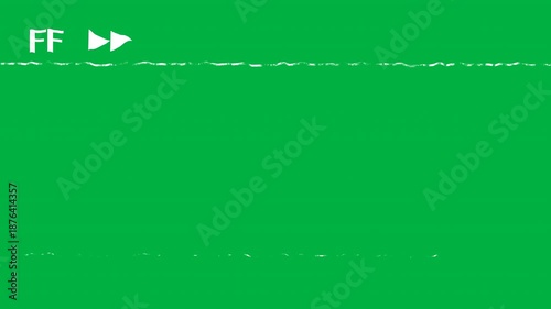 Retro VHS fast forward glitch effect on green screen with white static noise lines and VCR symbol for analog video overlay and old TV distortion