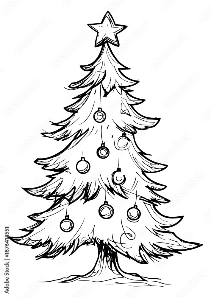 Obraz premium Hand drawn line art illustration of a Christmas tree depicting ornaments and a star for holiday celebration