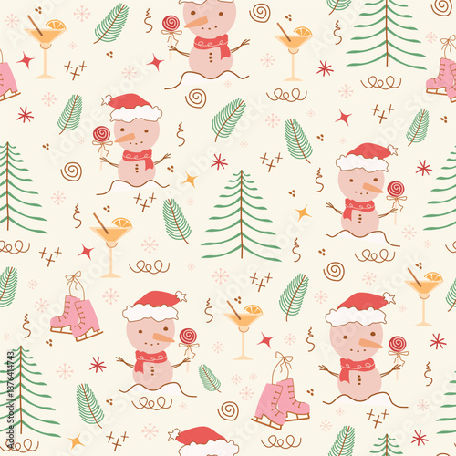 snowman, hat,  concept winter, seamless pattern. Fir tree, glass, dots, snow,  line drawing. design, isolated elements on pink background. Simple conceptfor paper, banner, print. vector art illustrati