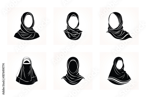 Elegant Hijab and Niqab Vector Icon Set - Modern Muslim Woman Fashion Illustrations