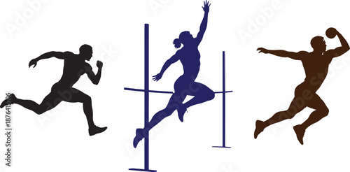 Silhouettes of athletes performing track and field and handball actions convey dynamic movement and competitive sports energy.