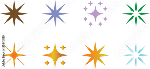 Various abstract star and sparkle shapes rendered in different solid colors and sizes suitable for decorative accents in digital media.