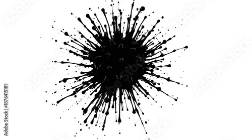 A dramatic black ink splatter exploding outwards on a clean white background, creating a dynamic burst effect.