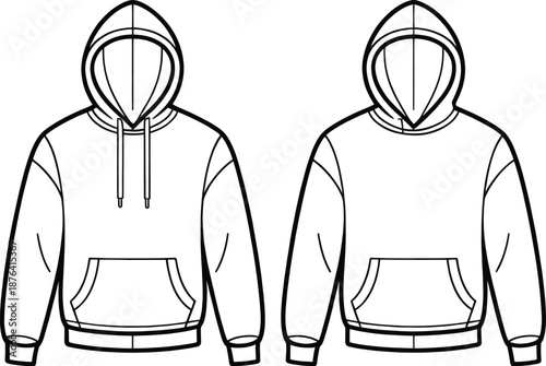 Two detailed technical flat drawings present the front and back views of a hooded sweater, clearly showing stitching lines, raglan sleeve seams, and cuff ribbing.