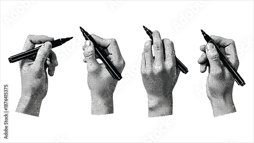 Hands Holding Marker Set – Transparent Vintage Halftone Stipple, Retro Style.