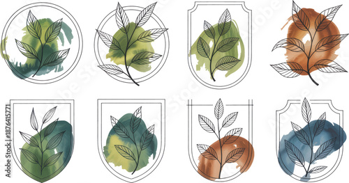 A collection of eight botanical logo emblems features watercolor washes in green, blue, and brown tones with delicate line art leaves inside various geometric frames.