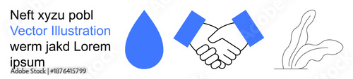 Business cooperation, water conservation, sustainability, environmental awareness, teamwork, natural resources. Blue droplet, handshake and abstract lines. Business cooperation and water