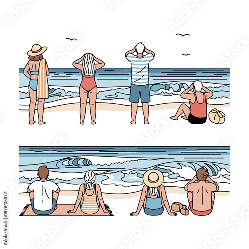 People on the Beach Watching Ocean Waves, Relaxing during Summer Vacation. Line Art Vector Illustration.