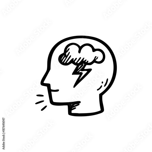 Hand drawn illustration of a human head with a storm cloud and lightning bolt inside representing mental distress or a breakthrough idea.