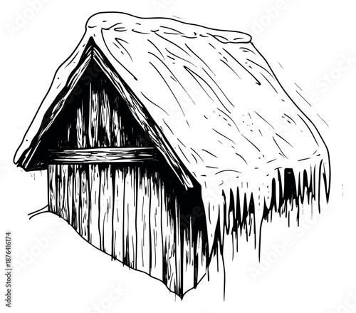 Hand drawn illustration of a hut depicting a rustic thatched roof for traditional architecture