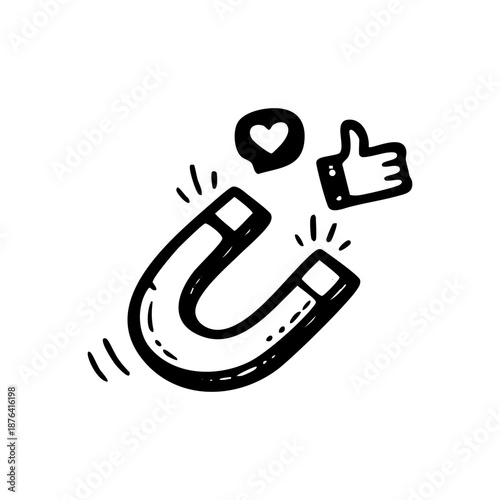 Magnet attracting likes and hearts social media engagement concept.