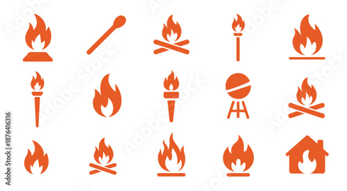 Fire flame vector icon set, showcasing burning fire elements including campfire and torch icons for heat and energy concepts.