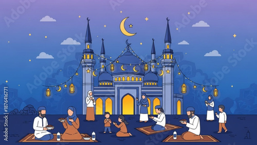 Muslim family celebrating Ramadan in front of a mosque with crescent moon and festive lights concept for Islamic holidays and community