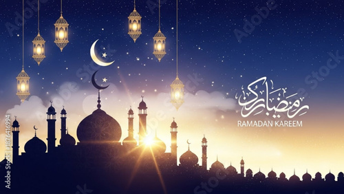 Ramadan Kareem mosque silhouette with crescent moon and lanterns Islamic celebration background with starry night sky and sunrise