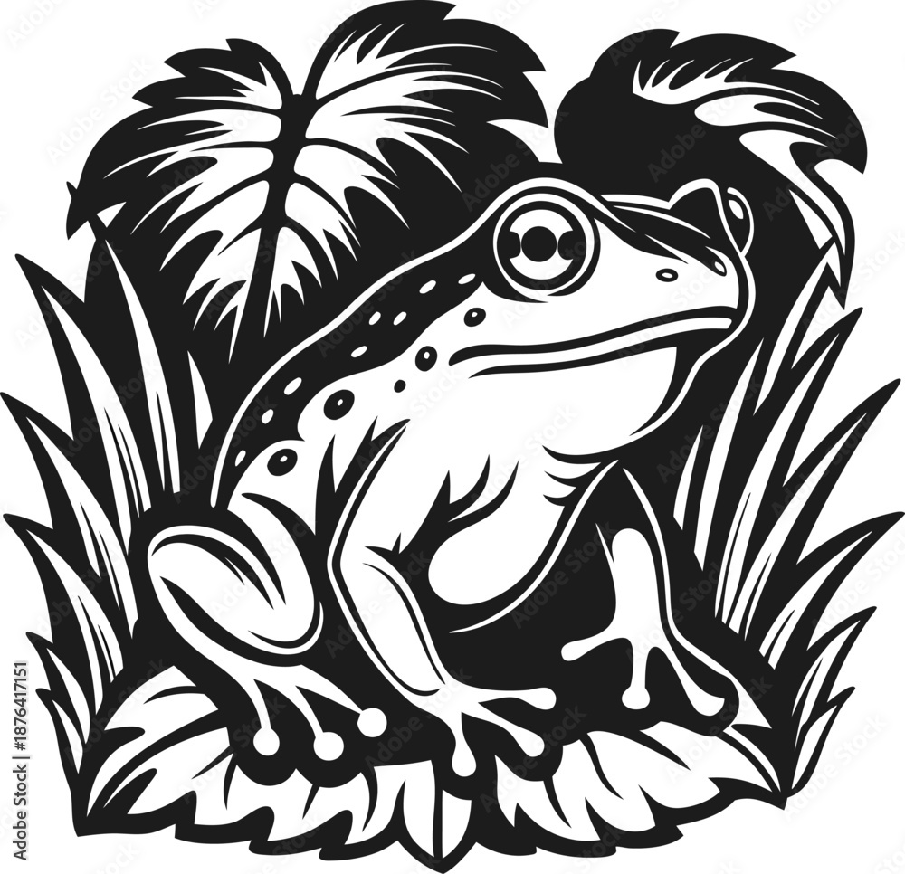 Obraz premium Frog sitting on lily pad surrounded by leaves and grass in black and white illustration