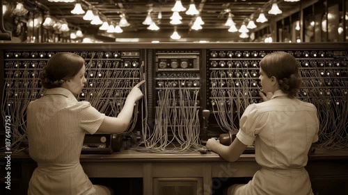 Two operators women connect telephone lines at a switchboard with many wires and lights in a historic setting