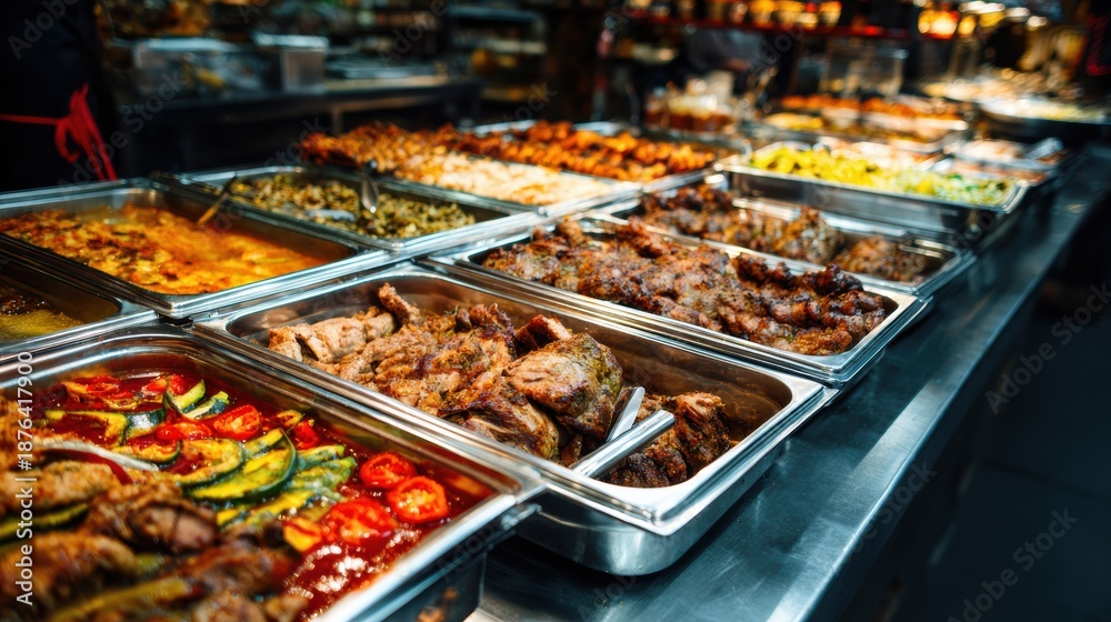 Fototapeta premium Buffet table filled with various dishes in a food market during the evening hours providing a wide selection for diners