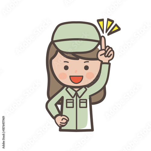 指差しポーズのかわいい女性作業員のイラスト