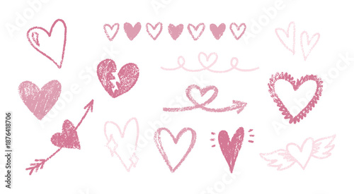 Collection of pink hand-drawn hearts in chalk and crayon style. Includes broken heart, heart with wings, arrow, and borders for Valentine's Day, wedding, and romantic design projects.