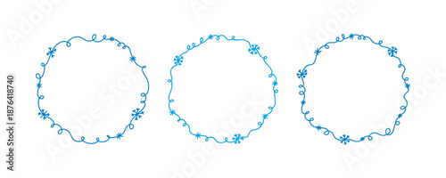 Set three hand drawn winter squiggle round snowflake frames. Blue doodle swirls and snow crystals forming circular whimsical borders for Christmas greetings, winter holiday designs.