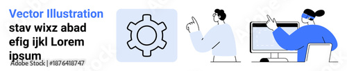 Gear symbol alongside two professionals pointing and engaging with a computer screen. Ideal for teamwork, innovation, technology, planning, workflow, brainstorming, and a simple landing page
