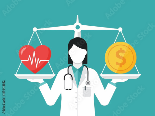 A doctor balancing a heart and a dollar on a scale, symbolizing healthcare costs and financial priorities in medicine