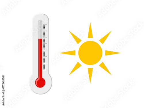 A thermometer and sun illustration on a with red and yellow colors