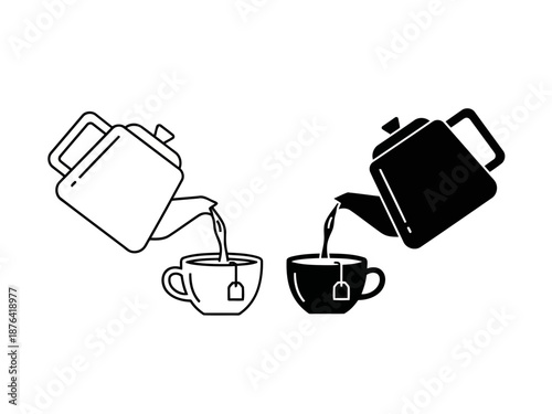 Tea pouring into cups from teapots in black and white