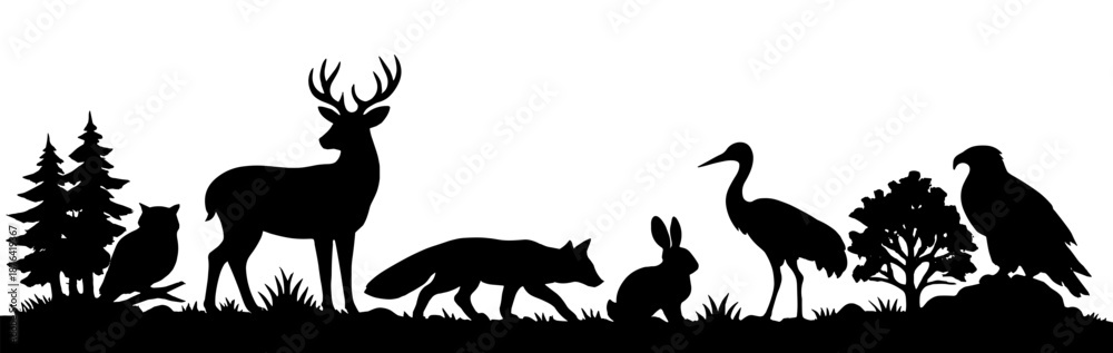 Fototapeta premium Wildlife silhouettes showing forest animals standing on natural ground with trees. Nature landscape composition isolated