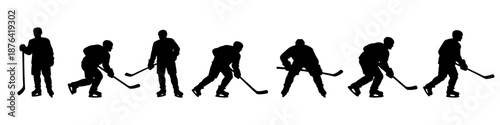 Ice hockey player silhouette poses. Winter sport skating and stick handling actions