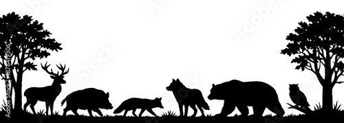 Wild animals silhouette scene with forest trees. Panoramic wildlife composition showing forest mammals in natural environment