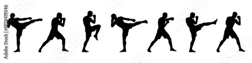 Martial arts silhouettes showing kicks and fighting techniques. Dynamic combat poses isolated