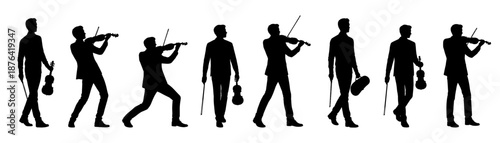 Violinist silhouette poses in black. Classical musician performing with violin