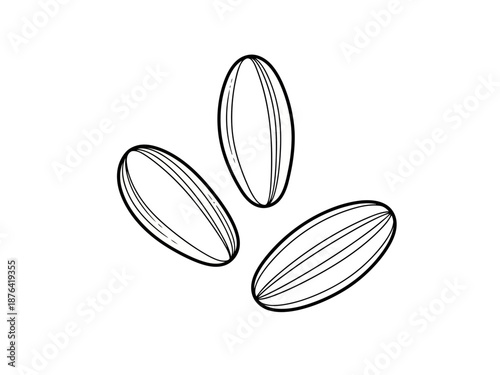 A black and white drawing of three rice grains