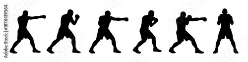 Boxing silhouettes showing fighters in offensive and defensive stances. Combat sport poses isolated