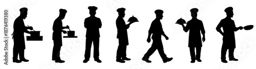 Chef silhouette poses in kitchen work. Cooking and serving food scenes