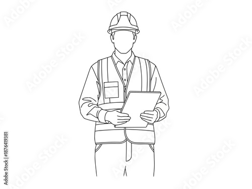 Line drawing of a faceless man in a hard hat holding a clipboard