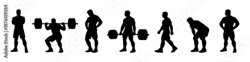 Athlete silhouette poses with barbell training. Strength and weightlifting workout actions