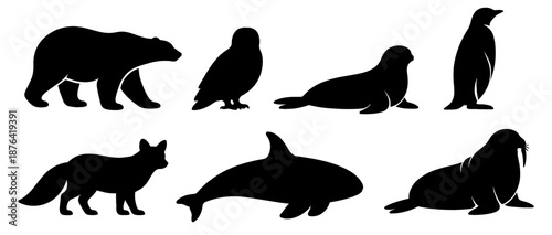 Arctic and marine animal silhouettes in black. Polar wildlife collection with mammals and birds