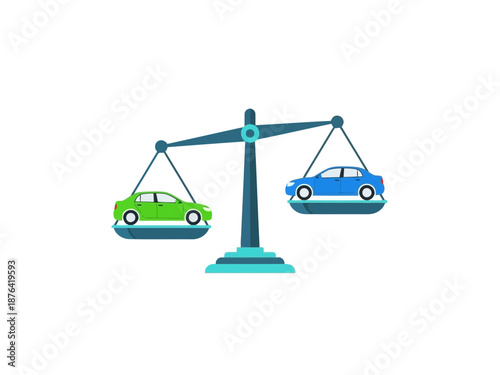 Balance scale with green and blue cars on each side