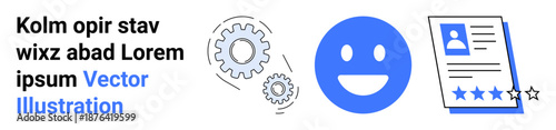 Human resources, recruitment, employee evaluation, job applications, career growth, data organization. Graphic includes gear icons, a happy face symbol and a resume with rating stars. Recruitment