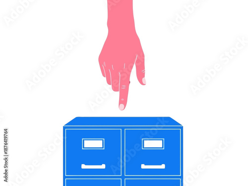 Illustration of a hand pointing to a blue filing cabinet