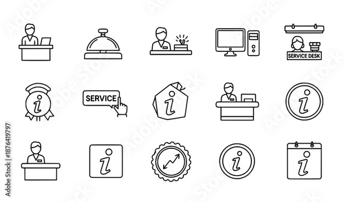 Reception desk line icon set editable black vectors for hotel office and customer service UI