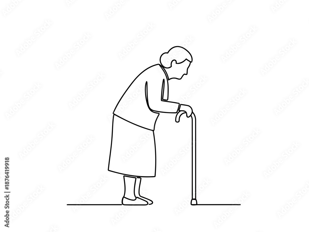 Obraz premium Black line illustration of an elderly woman with a cane