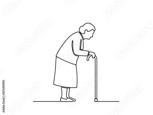 Black line illustration of an elderly woman with a cane