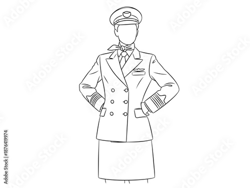 A female flight attendant in a simple line drawing with her hands on her hips wearing a uniform and hat