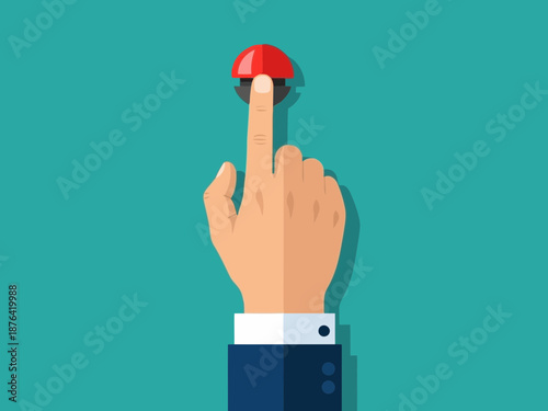 A hand in a business suit sleeve pressing a red button on a teal background
