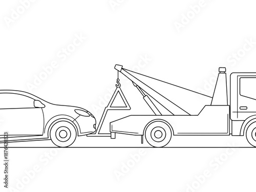 Line drawing of a tow truck towing a car